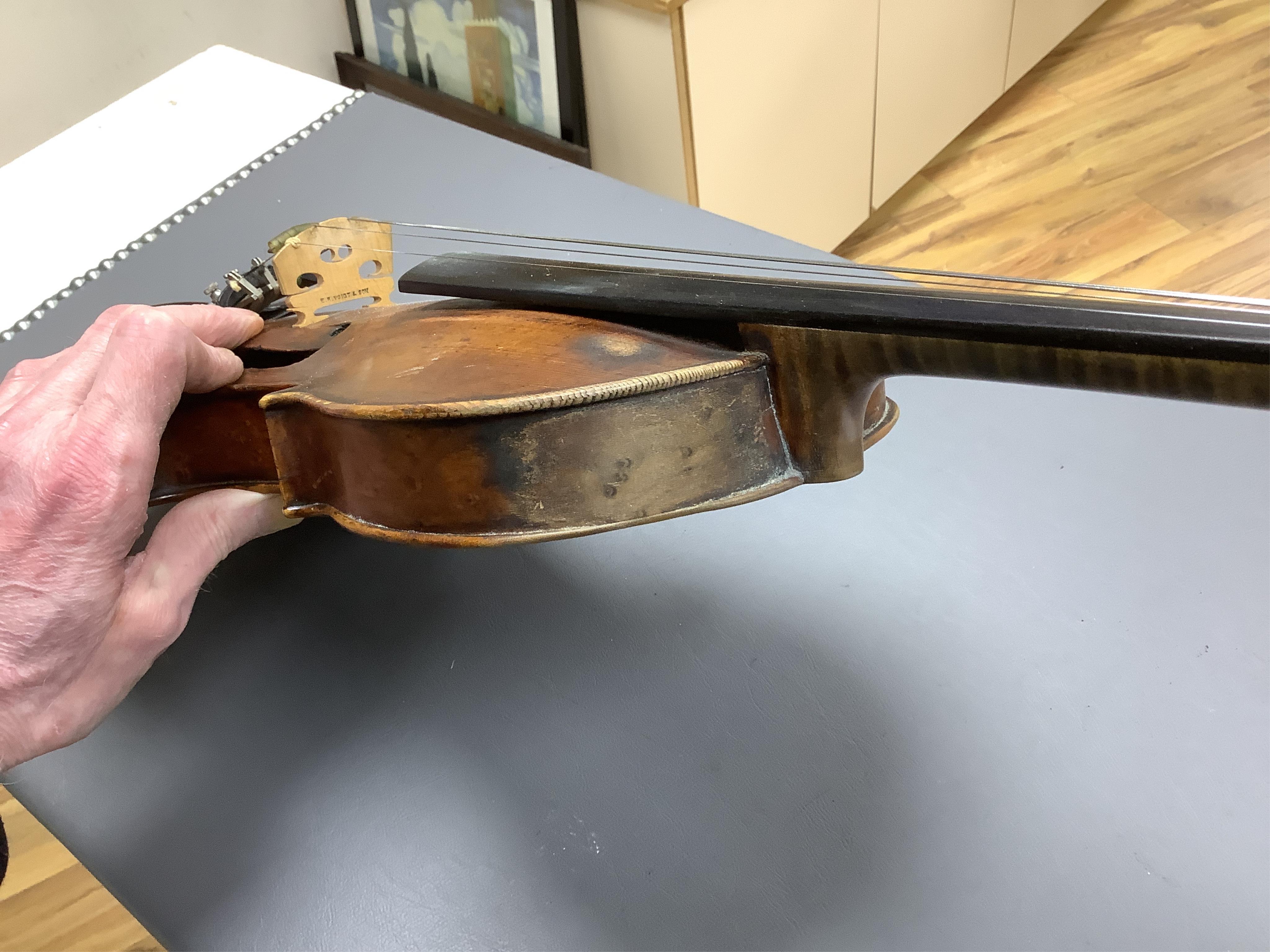 An interesting late 18th century violin, with one piece bird’s eye maple back, unsigned, with two silver fully mounted octagonal bows, one stamped Voight CITES Submission reference, 3XFNUBT7 and Submission reference, RHL